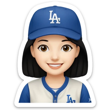 Can you make an emoji of a girl with fair skin with black hair wearing an LA dodger hat sticker