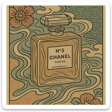 Chanel perfume bottle in ukiyo-e Japanese art style, traditional brushwork, elegant composition sticker