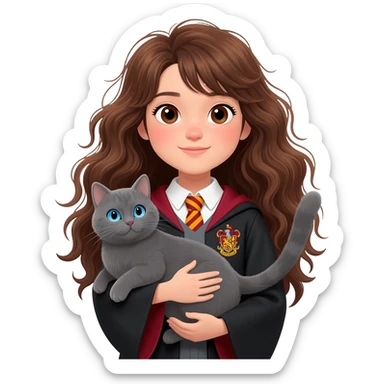 Asian girl with long messy wavy brown hair and brown eyes wearing Ravenclaw robe, holding a gray cat with blue eyes in hands sticker