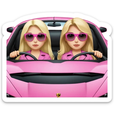 Add sunglasses Make car far away so I can see full car Car facing forward in sports car. Make hair long  two girls in car far away Front of car sitting in the seats. Make it a pink sports car. They are two baddies make it a Lamborghini pink car  sticker