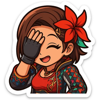 Azucena from Tekken 8 in chibi sticker style, facepalm pose with a playful expression, wearing the detailed red and patterned outfit from the reference images, designed for Twitch emote use. sticker