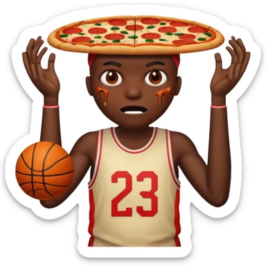 a glitch abomination with hands for a head, a baskeball stomach, pizza eyes sticker