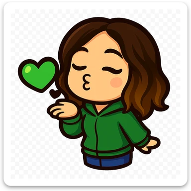 Create a chibi emote of a woman from the reference wearing a green sweater and jeans, blowing a kiss, no headband, no wand, matching the attached green heart emote as a base, transparent background sticker