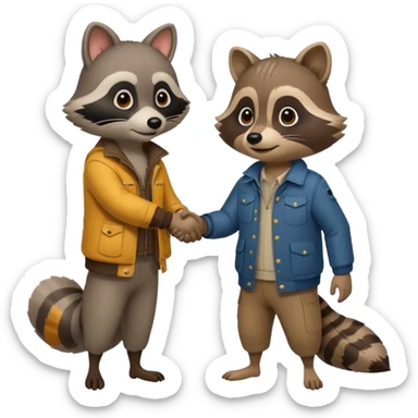 person and racoon standing full body looking at each other and giving a hand shake. cartoon style sticker