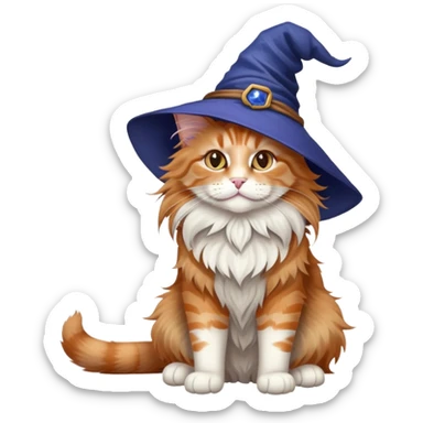 full body Maine coon ginger tabby cat flopped over on her back wearing an indigo witch hat sticker