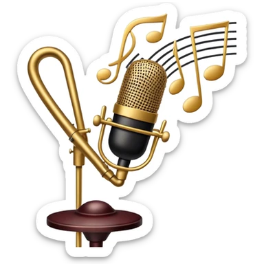 Create a sophisticated and smooth emoji representing jazz vocal performance. The design should feature a stylized microphone, with musical notes swirling around it to convey the fluid, improvisational nature of jazz. Add subtle elements like a vintage microphone stand or a hint of a singer’s silhouette in the background to reflect the live, intimate feel of jazz performance. Use deep, rich colors like gold, black, and burgundy to evoke the classic, smooth vibes of jazz. The background should be transparent. sticker