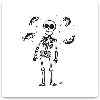 Ethereal skeleton in firm posture with floating sardines, bright yogurt, and golden sesame seeds around it, white light threads connecting the foods to the bones sticker