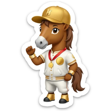 friendly anthropomorphised horse in a hip-hop outfit, wearing a gold medal and a baseball hat sticker