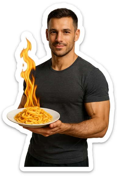 uomo fitness che tiene in mano un piatto di pasta con una fiamma sopra come se stesse simbolicamente bruciando le kcal della pasta, iperrealistico 4k sticker