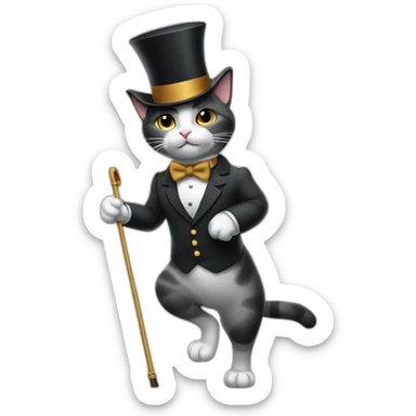 a cat in a top hat and with a bow tie around his neck walks on his hind legs leaning on an expensive cane sticker