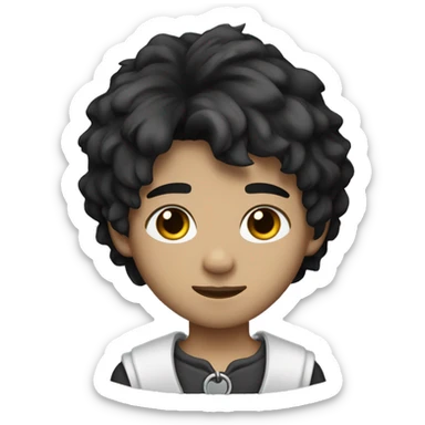 A boy with a wolf cut, dark black hair, white very skin, brown eyes and somewhat sharp eyes, with an earring in his left ear and a chain around his neck. sticker