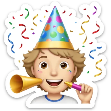 smiling face wearing a party hat, blowing a party horn, with confetti around sticker