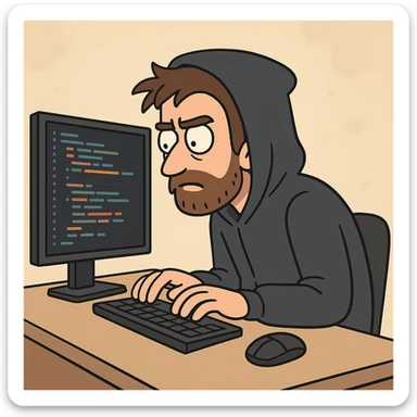 programmer in a dark hoodie, sitting at a desk with code on screen, flat cartoon style sticker
