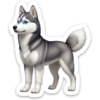 cinematic-[siberian husky]-realistic-full-body-standing-emoji,-tail-resting-loosely-beside-its-paws,blue eyes-head-tilted-dramatically, -fluffy-[grey and white]-fur,-simplified-yet-realistic-focused-features,-highly-detailed,-glowing-with-an-almost-sarcastic-glow sticker