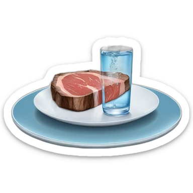 glass of water suspended horizontally in the air above a slice of rare steak on a plate, the water pouring out onto the top of the steak sticker