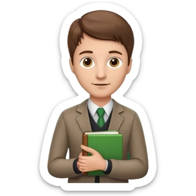 The standing Teacher has a book in his hand and a green board behind him. sticker