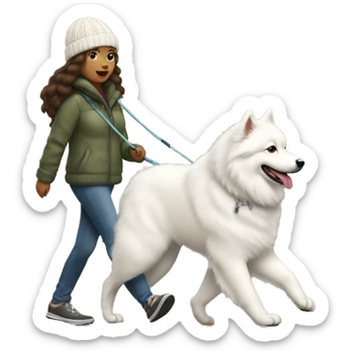 full body view of brunette female with light medium skin to e with knit hat walking a samoyed on a leash sticker