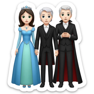 A tall vampire man with gray hair and blue eyes standing by a princess with light brown hair and green eyes sticker