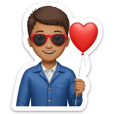 boy with sun glasses holding red heart balloon sticker
