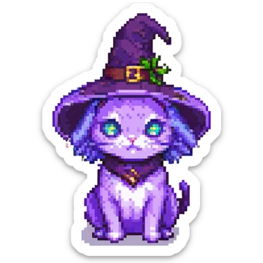 A purple witch cat, pixel art style, facing forward. sticker