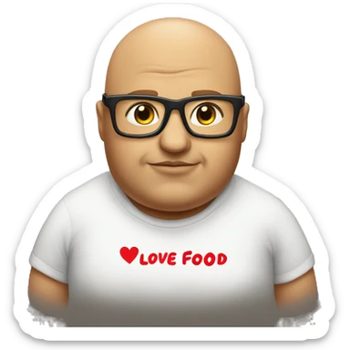 Simon fat bald head glasses wearing a T-shirt that says I love food on it sticker