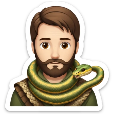 portrait man long brown hair brown eyes medium beard white skin with snake wrapped around neck calmly sticker