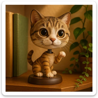 a cute cat bobblehead, big eyes, playful pose, cartoonish style sticker