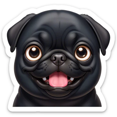 Cinematic Comical Black Pug Portrait Emoji, Head tilted dramatically with an exaggeratedly amused expression, featuring a sleek black coat with a glossy finish, wide, expressive dark eyes filled with playful disbelief, Simplified yet hilariously expressive features, highly detailed, glowing with a slightly sassy glow, high shine, dramatic yet playful, stylized with an air of cheeky mischief, bright and endearing, soft glowing outline, capturing the essence of a spirited and over-the-top companion, so meme-worthy it feels like it could side-eye its way into internet fame instantly! sticker