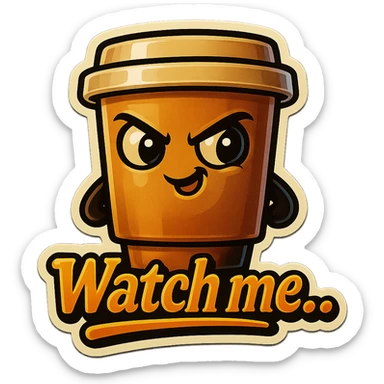 Tall coffee cup, mischievous eyes, "Watch me..." sticker