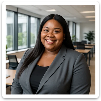 plus size Black woman with long straight hair, wearing a blazer, smiling, modern office setting sticker