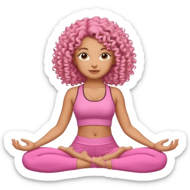 Uma mulher de cabelo cacheado, usando roupa de yoga rosa, em uma posição de yoga bonitinha sticker
