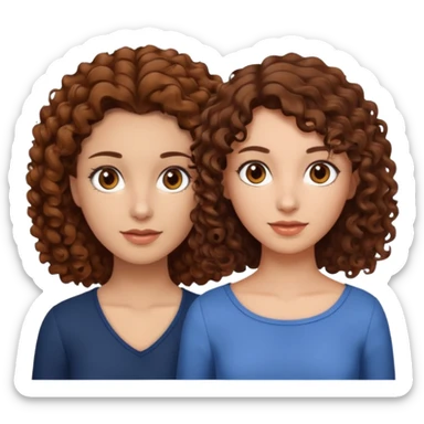 A woman with brown curly hair and brown eyes next to a woman with a slightly lighter shade of brown hair but the same brown eyes sticker