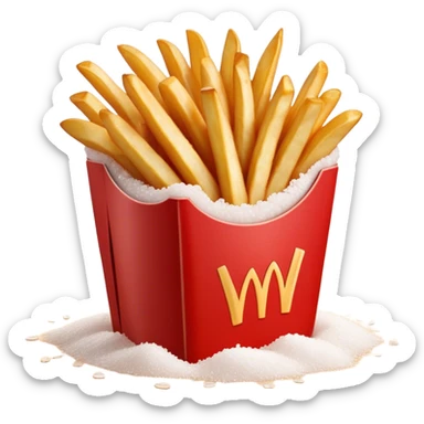 Cinematic crispy golden French fries, piled high, sprinkled with salt, served in a red carton, warm and inviting, rich golden hues, perfectly crunchy and delicious. sticker