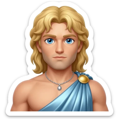 Zeus from Greek Mythology with blue eyes, long blonde hair, light steel blue metallic toga, silver necklace sticker