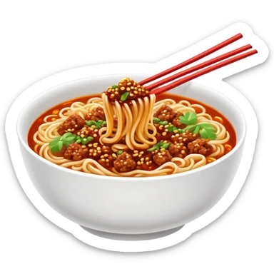 Chengdu Dan Dan Noodles with spicy sauce and minced meat, simplified emoji style with bold outlines and bright colors, cartoon style Sichuan street food in bowl sticker