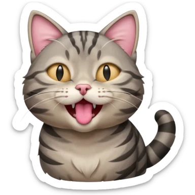 A high-resolution photo-realistic digital illustration of a solid grey tabby cat, eyes closed, head titled up yawning sticker