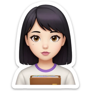 a girl with almond-shaped black eyes, with her straight and side bangs black hair, mauve-colored lips, wearing a white simple school top for her school ID picture sticker