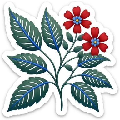 dull green leaves & red & blue flowers filigree design, extremely detailed, complex design sticker