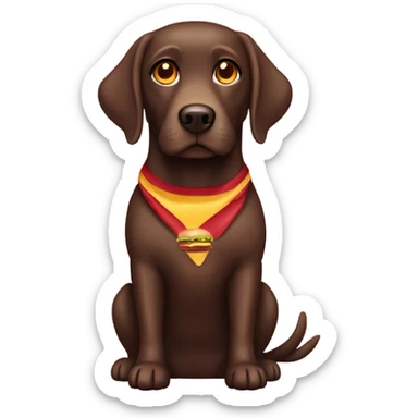 Chocolate female Labrador with amber eyes wearing a hamburger costume sticker