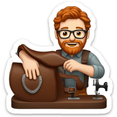 Red haired man with beard and glasses hand sewing a leather saddle sticker