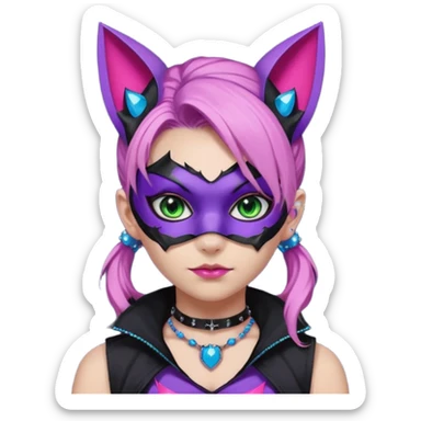 Girl with green eyes, wearing a bat mask with pink stones around her eyes, her hair tied in a ponytail, the hair is purple with blue and pink streaks, with black cat ears with pink stones around, wearing a black shirt that covers the neck, and a sleeveless blue jacket, and a necklace of pink stones sticker
