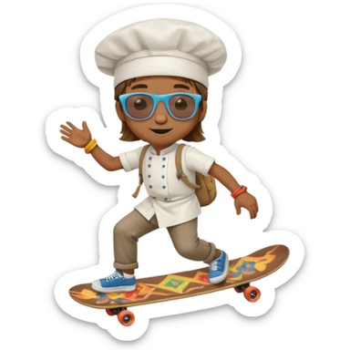 ["A happy boy with brown skin, straight hair, wearing a chef hat and sunglasses, dressed in hippie fashion, is skateboarding while holding a backpack."] sticker