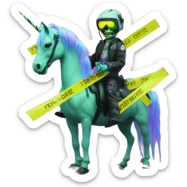 .Zombie_ Vaporwave black holographic oilslick zombie unicorn yellow caution tape and a vinyl sticker