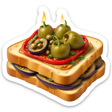 Catalan toast with roasted red peppers, eggplant, anchovies and green olives on top, drizzled with olive oil sticker