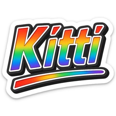 The name 'Kitti' with two t letters, in modern style with precise Hungarian characters, rainbow gradient coloring, extra thick white outline around the letters, dark contour, transparent background, dynamic and slanted underline, in the style of sample images sticker