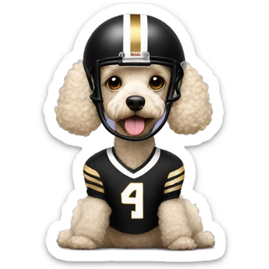 Poodle wearing a black football helmet with gold stripe sticker