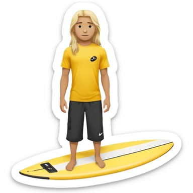 Surfer with long blond hair, yellow t-shirt with black Nike logo in center of chest, black baggy sweatpants. On a yellow and white board sticker