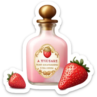 Antique parfumerie bottle with oil, made of red crystals, white cream and pink strawberry milk pour from the bottle sticker
