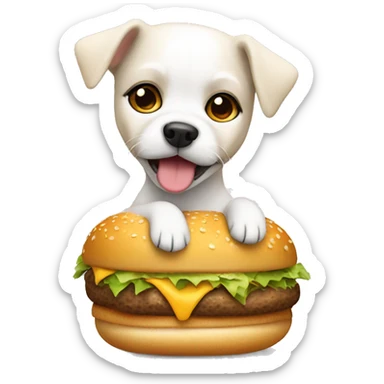 A white small dog in a cheetah outfit with burger  sticker