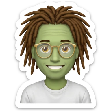 man with brown dreads white tee golden eyes light green skin glasses and white smile sticker